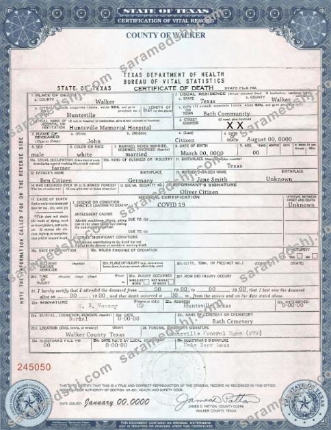 USA Texas state death certificate template in PSD format